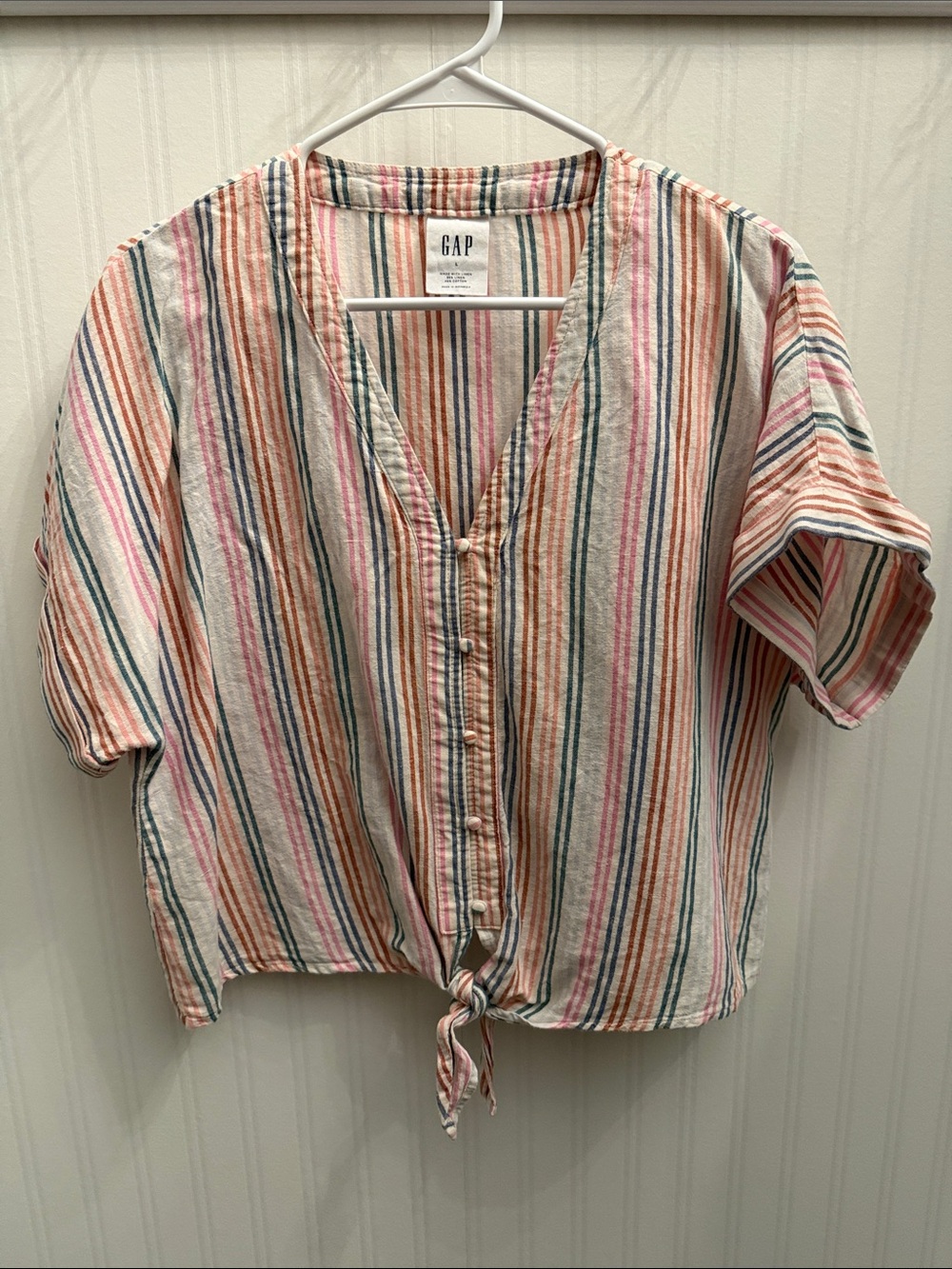 GAP Multicolor Striped Tie-Front Blouse — Coral, Green & Pink Stripes